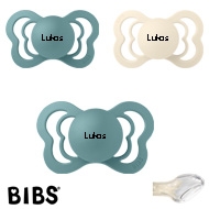 BIBS Couture Sutter med navn str2, 2 Island Sea, 1 Ivory, Anatomisk Silikone, Pakke med 3 sutter